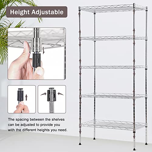 XXkseh 5 Tier Wire Shelving Unit Metal Storage Shelves Heavy Duty NSF Height Adjustable Commercial-Grade Storage Rack Garage Storage Pantry Shelves for Storage, Chrome