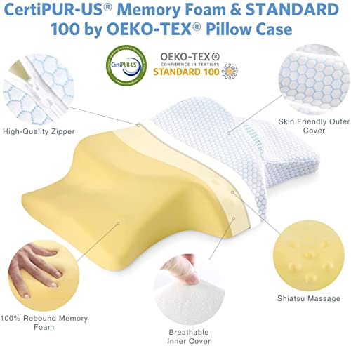 Sufuhom CertiPUR-US Contour Memory Foam Pillow, Cervical Neck Support Pillows for Head Neck Pain Relief, Ergonomic Sleeping Orthopedic Pillow for Side, Back, Stomach Sleepers, Standard 100 by Oeko-TEX