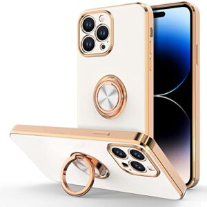 hython case for iphone 14 pro max case with ring stand [360° rotatable ring holder magnetic kickstand] [support car mount] plated rose gold edge soft tpu luxury protective phone case cover, white