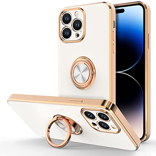 Hython Case for iPhone 14 Pro Max Case with Ring Stand [360° Rotatable Ring Holder Magnetic Kickstand] [Support Car Mount] Plated Rose Gold Edge Soft TPU Luxury Protective Phone Case Cover, White