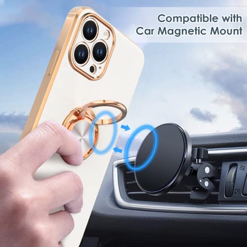 Hython Case for iPhone 14 Pro Max Case with Ring Stand [360° Rotatable Ring Holder Magnetic Kickstand] [Support Car Mount] Plated Rose Gold Edge Soft TPU Luxury Protective Phone Case Cover, White