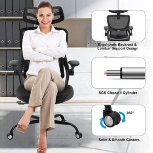 Ergonomic Office Chair, Desk Chair with Lumbar Support, Thick Cushion Breathable Mesh Computer Chair,High Back Desk Chair with 3D Armrests and Adjustable Headrest (Black)