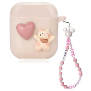 cute love heart cat airpod 2nd 1st generation case with pink pearl chain smooth soft protective cover compatiable with airpods 1st & 2nd generation for women and girls
