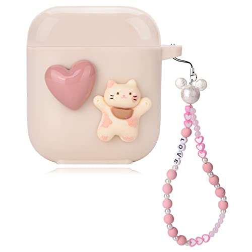 Cute Love Heart Cat AirPod 2nd 1st Generation Case with Pink Pearl Chain Smooth Soft Protective Cover Compatiable with AirPods 1st & 2nd Generation for Women and Girls