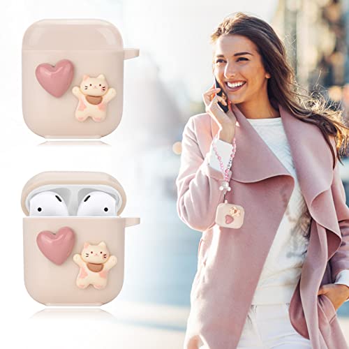 Cute Love Heart Cat AirPod 2nd 1st Generation Case with Pink Pearl Chain Smooth Soft Protective Cover Compatiable with AirPods 1st & 2nd Generation for Women and Girls