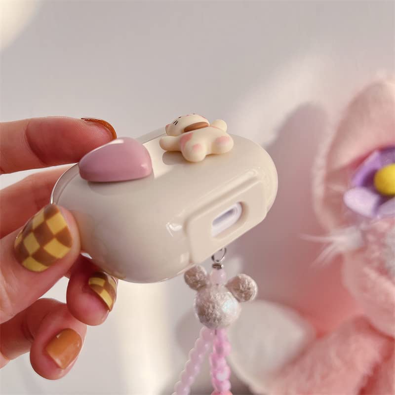 Cute Love Heart Cat AirPod 2nd 1st Generation Case with Pink Pearl Chain Smooth Soft Protective Cover Compatiable with AirPods 1st & 2nd Generation for Women and Girls