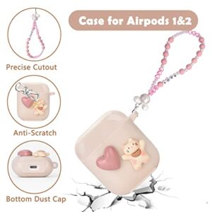 Cute Love Heart Cat AirPod 2nd 1st Generation Case with Pink Pearl Chain Smooth Soft Protective Cover Compatiable with AirPods 1st & 2nd Generation for Women and Girls