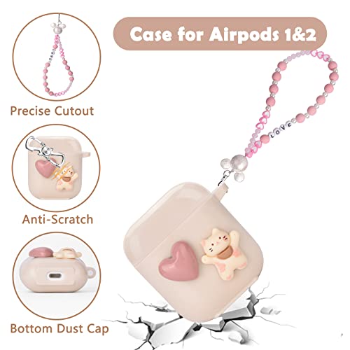 Cute Love Heart Cat AirPod 2nd 1st Generation Case with Pink Pearl Chain Smooth Soft Protective Cover Compatiable with AirPods 1st & 2nd Generation for Women and Girls