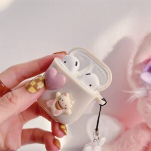 Cute Love Heart Cat AirPod 2nd 1st Generation Case with Pink Pearl Chain Smooth Soft Protective Cover Compatiable with AirPods 1st & 2nd Generation for Women and Girls