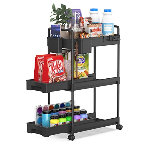 SPACEKEEPER Rolling Storage Cart, Slide Out Bathroom Organizer 3-Tier Laundry Room Organization Shelf Mobile Utility Cart with Hanging Cups, Dividers for Kitchen Bathroom Narrow Spaces, Black