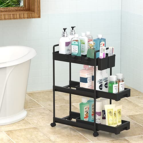 SPACEKEEPER Rolling Storage Cart, Slide Out Bathroom Organizer 3-Tier Laundry Room Organization Shelf Mobile Utility Cart with Hanging Cups, Dividers for Kitchen Bathroom Narrow Spaces, Black