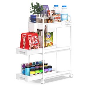 spacekeeper rolling storage cart, slide out bathroom organizer 3-tier laundry room organization shelf mobile utility cart with hanging cups, dividers for kitchen bathroom narrow spaces, white