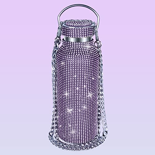 Diamond Water Bottle, Bling Diamond Vacuum Flask, Sparkling Diamond Water Bottle, High-Grade Stainless Steel Rhinestone Vacuum Flask, Leak-Proof Vacuum Flask With Chain (Light Purple, 750ML)