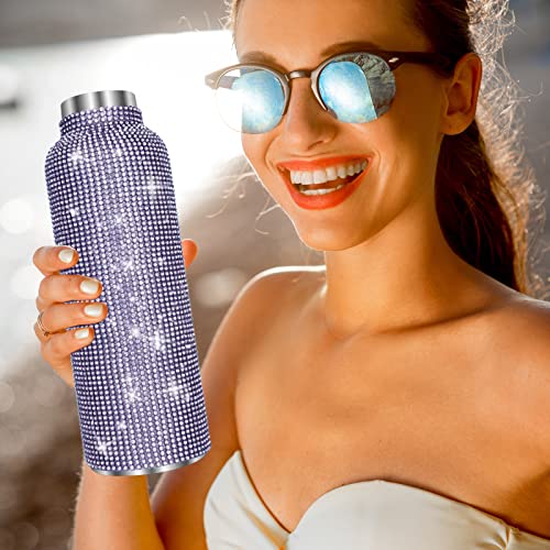 Diamond Water Bottle, Bling Diamond Vacuum Flask, Sparkling Diamond Water Bottle, High-Grade Stainless Steel Rhinestone Vacuum Flask, Leak-Proof Vacuum Flask With Chain (Light Purple, 750ML)