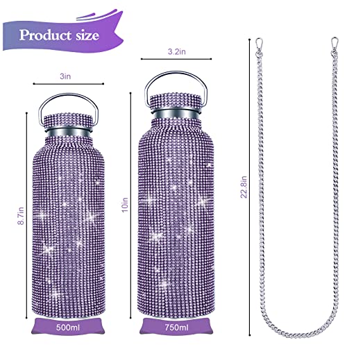 Diamond Water Bottle, Bling Diamond Vacuum Flask, Sparkling Diamond Water Bottle, High-Grade Stainless Steel Rhinestone Vacuum Flask, Leak-Proof Vacuum Flask With Chain (Light Purple, 750ML)