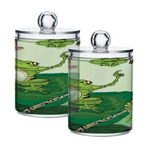 kigai frog lotus illustration qtip holder dispenser for cotton ball, cotton swab,plastic clear apothecary jar, home décor kitchen storage jar,2 pack