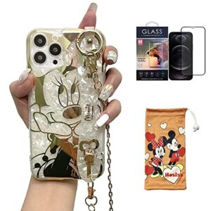 hosiss cartoon case for iphone 14 pro max 6.7" with hd screen protector, minnie mouse with wrist strap kickstand metal chain strap soft tpu shockproof protective for girls women