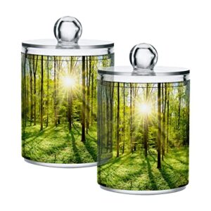 kigai beautiful green forest landscape qtip holder dispenser for cotton ball, cotton swab,plastic clear apothecary jar, home décor kitchen storage jar,2 pack