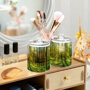 Kigai Beautiful Green Forest Landscape Qtip Holder Dispenser for Cotton Ball, Cotton Swab,Plastic Clear Apothecary Jar, Home Décor Kitchen Storage Jar,2 Pack