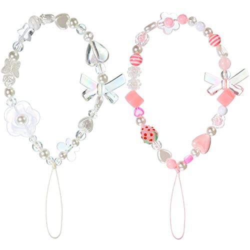 LEIFIDE 2 Pcs Phone Charms Strap Beaded Phone Strap Pink Cute Phone Charms Aesthetic Love Phone Lanyard Wrist Strap Beaded Phone Keychain Charm for Women Girl Gifts (Heart)