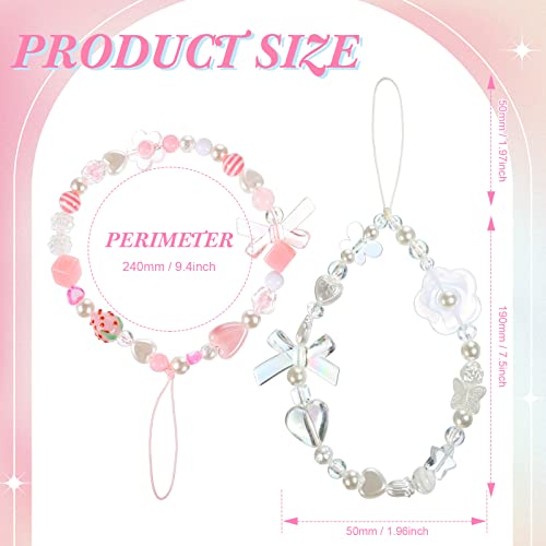 LEIFIDE 2 Pcs Phone Charms Strap Beaded Phone Strap Pink Cute Phone Charms Aesthetic Love Phone Lanyard Wrist Strap Beaded Phone Keychain Charm for Women Girl Gifts (Heart)