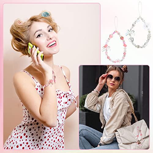 LEIFIDE 2 Pcs Phone Charms Strap Beaded Phone Strap Pink Cute Phone Charms Aesthetic Love Phone Lanyard Wrist Strap Beaded Phone Keychain Charm for Women Girl Gifts (Heart)