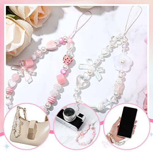 LEIFIDE 2 Pcs Phone Charms Strap Beaded Phone Strap Pink Cute Phone Charms Aesthetic Love Phone Lanyard Wrist Strap Beaded Phone Keychain Charm for Women Girl Gifts (Heart)