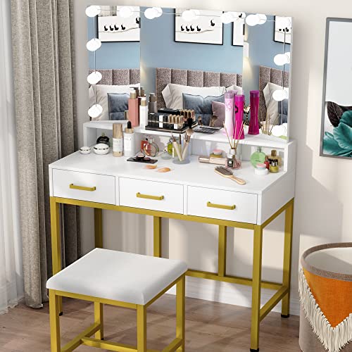 PAKASEPT Vanity Set with Lighted Mirror, Makeup Vanity with Rotating Mirror and 13PCS LED Bulbs, Cushioned Stool & 3 Drawers, Vanity Desk for Women Girls, White Vanity