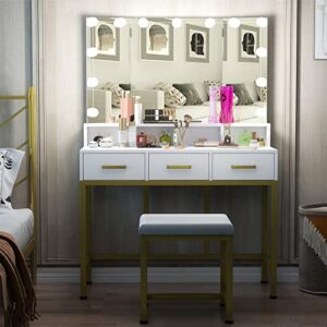 PAKASEPT Vanity Set with Lighted Mirror, Makeup Vanity with Rotating Mirror and 13PCS LED Bulbs, Cushioned Stool & 3 Drawers, Vanity Desk for Women Girls, White Vanity