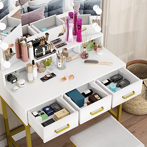 PAKASEPT Vanity Set with Lighted Mirror, Makeup Vanity with Rotating Mirror and 13PCS LED Bulbs, Cushioned Stool & 3 Drawers, Vanity Desk for Women Girls, White Vanity