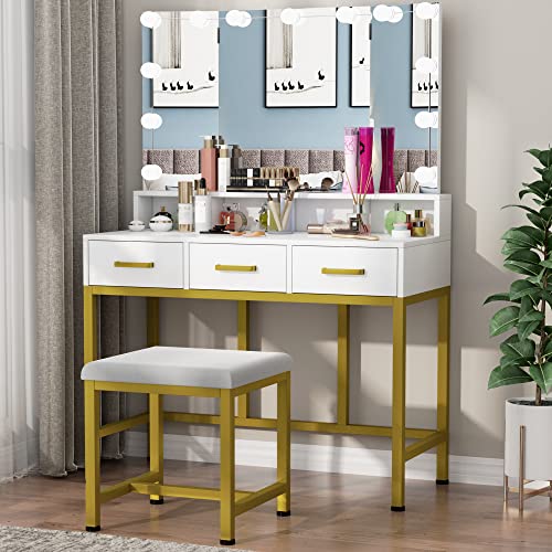 PAKASEPT Vanity Set with Lighted Mirror, Makeup Vanity with Rotating Mirror and 13PCS LED Bulbs, Cushioned Stool & 3 Drawers, Vanity Desk for Women Girls, White Vanity