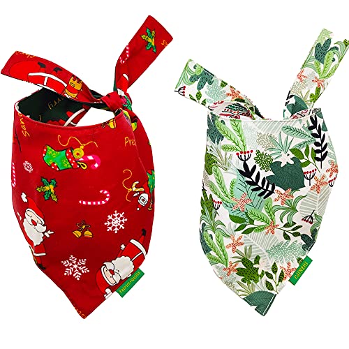 Dog Bandanas, 2 Pack Christmas & Florals Set Triangle Reversible Dog Pet Scarfs Cotton Adjustable Fit Triangle Bibs Accessories, Multiple Sizes Offered for Small Medium Large Dogs.