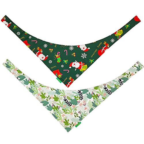 Dog Bandanas, 2 Pack Christmas & Florals Set Triangle Reversible Dog Pet Scarfs Cotton Adjustable Fit Triangle Bibs Accessories, Multiple Sizes Offered for Small Medium Large Dogs.