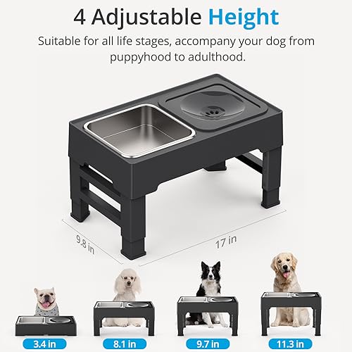 Petace Elevated Dog Bowls, Raised Dog Bowl Stand with No Spill Dog Water Bowl & Stainless Steel Dog Food Bowl, 4 Heights Adjustable for Small Medium Large Dogs and Pets