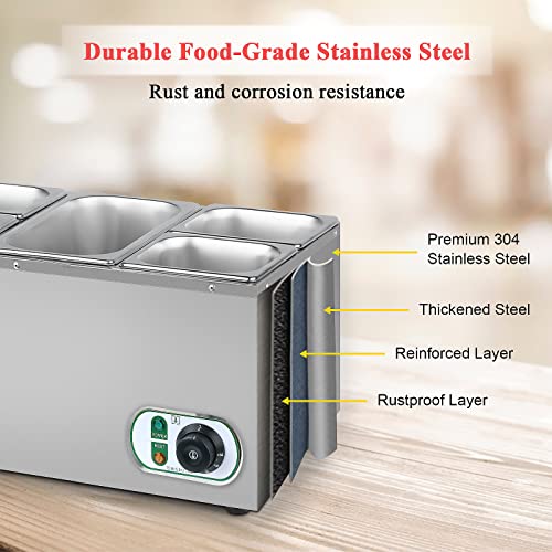 Commercial Food Warmer, 13.7 Qt Steam Table Buffet Food Warmers 1500W 110V 5-Pan Stainless Steel Bain Marie Soup Warmer Adjustable Temp 86-185℉Warmers for Food Party, Catering, Restaurants w/2 Ladles