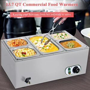 Commercial Food Warmer, 13.7 Qt Steam Table Buffet Food Warmers 1500W 110V 5-Pan Stainless Steel Bain Marie Soup Warmer Adjustable Temp 86-185℉Warmers for Food Party, Catering, Restaurants w/2 Ladles