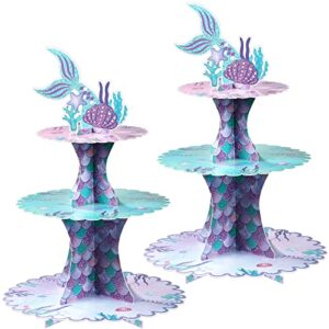 Kritkin 2 Pieces Mermaid Cupcake Stand 3 Tier Mermaid Tail Cupcake Holder Mermaid Theme Dessert Stand for Under the Sea Mermaid Birthday Party Decorations Supplies Favors