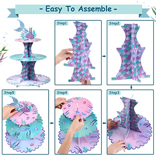 Kritkin 2 Pieces Mermaid Cupcake Stand 3 Tier Mermaid Tail Cupcake Holder Mermaid Theme Dessert Stand for Under the Sea Mermaid Birthday Party Decorations Supplies Favors