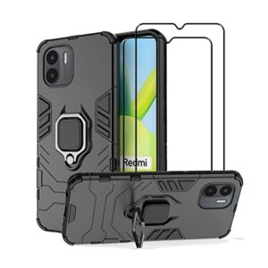 compatible with xiaomi redmi a1 / redmi a2 case kickstand with tempered glass screen protector [2 pieces], hybrid heavy duty armor dual layer anti-scratch phone case cover, black