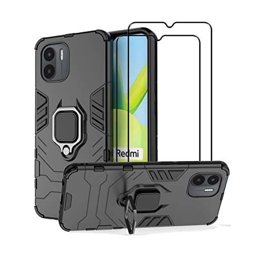 Compatible with Xiaomi Redmi A1 / Redmi A2 Case Kickstand with Tempered Glass Screen Protector [2 Pieces], Hybrid Heavy Duty Armor Dual Layer Anti-Scratch Phone Case Cover, Black