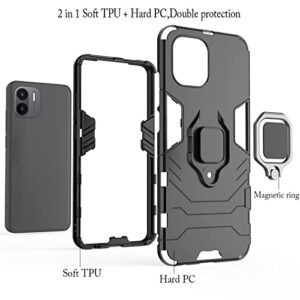 Compatible with Xiaomi Redmi A1 / Redmi A2 Case Kickstand with Tempered Glass Screen Protector [2 Pieces], Hybrid Heavy Duty Armor Dual Layer Anti-Scratch Phone Case Cover, Black