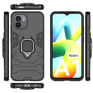 Compatible with Xiaomi Redmi A1 / Redmi A2 Case Kickstand with Tempered Glass Screen Protector [2 Pieces], Hybrid Heavy Duty Armor Dual Layer Anti-Scratch Phone Case Cover, Black