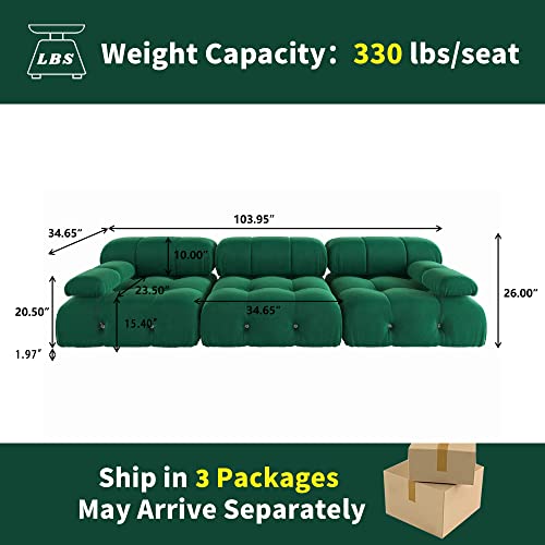 JACH 104" Convertible Modular Sectional Sofa, Minimalist Mid-Century Velvet Sofas Couches, Luxury Modern 3-Seat Wide Couch Sectional for Living Room Bedroom Office Apartment (Green)