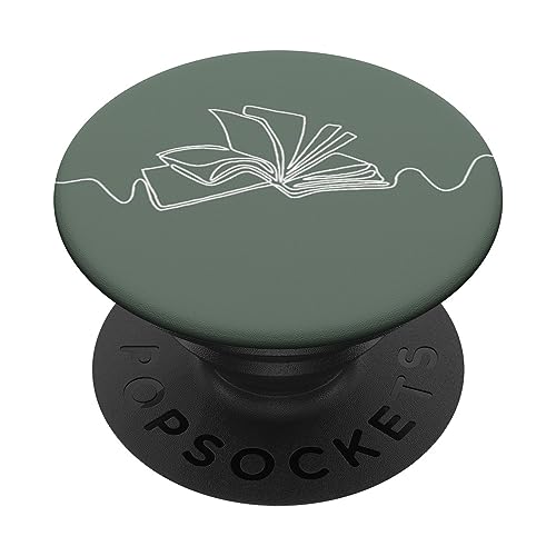 Minimal Book Line Art For Bookworm On Sage Green PopSockets Standard PopGrip