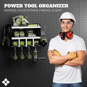 Power Tool Organizer Wall Shelves Rack - Drill Organizer Wall Mount - Workshop Battery Shelf for Pegboard - Toolbox Drill Holder - Power Tool Battery Charging Station and Storage - garage organization