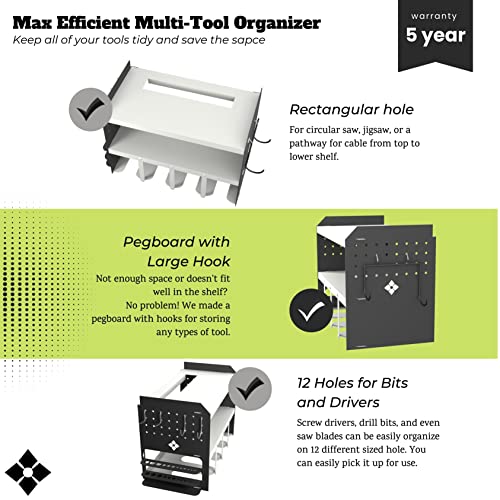 Power Tool Organizer Wall Shelves Rack - Drill Organizer Wall Mount - Workshop Battery Shelf for Pegboard - Toolbox Drill Holder - Power Tool Battery Charging Station and Storage - garage organization