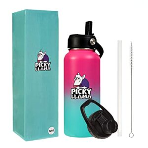 picky llama stainless steel vacuum insulated water bottle (pink turquoise llama, 32 oz)