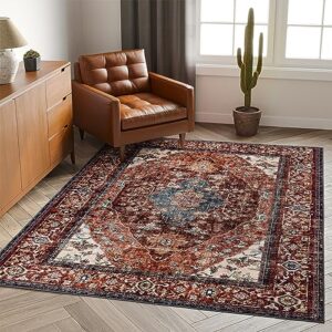 valenrug area rug 5x7 - stain resistant lightweight washable rug, anti-skid rugs for living room, vintage tribal area rug(coffee/red, 5'x7')