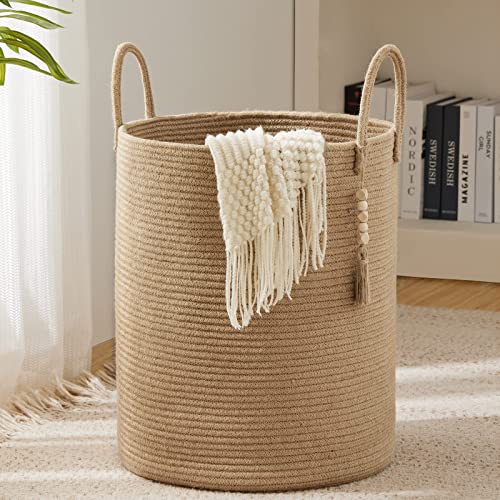 YOUDENOVA Jute Rope Laundry Hamper Basket, 58L Tall Woven Collapsible Baskets for Blanket Organizing Clothes Hamper for Laundry Room Storage