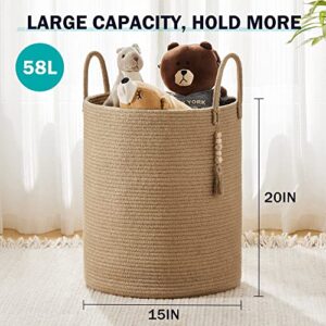 YOUDENOVA Jute Rope Laundry Hamper Basket, 58L Tall Woven Collapsible Baskets for Blanket Organizing Clothes Hamper for Laundry Room Storage